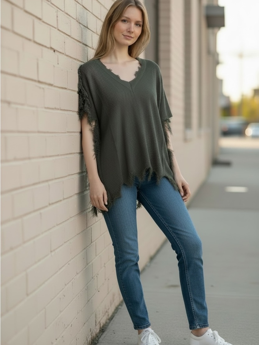 Verty Washed Olive Distressed V-Neck Semi-Sheer Top *New w/o Tag*